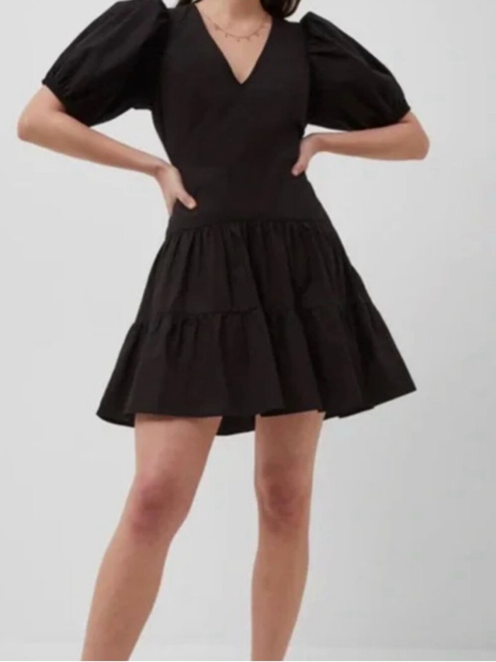 French Connection Black Puff-Sleeve V-Neck Tiered Mini Dress